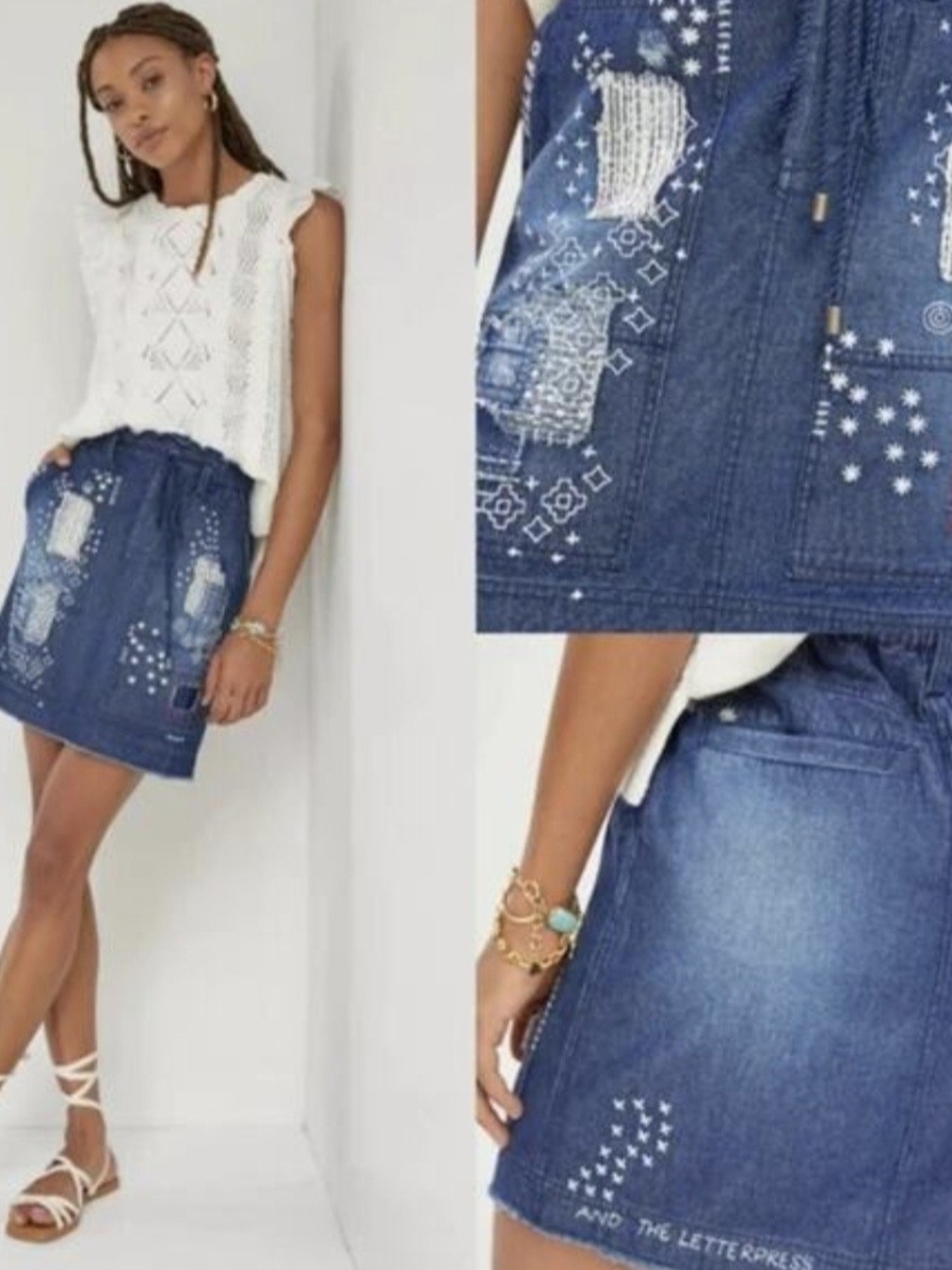 Pilcro and the Letterpress Blue Embroidered Denim Mini Skirt